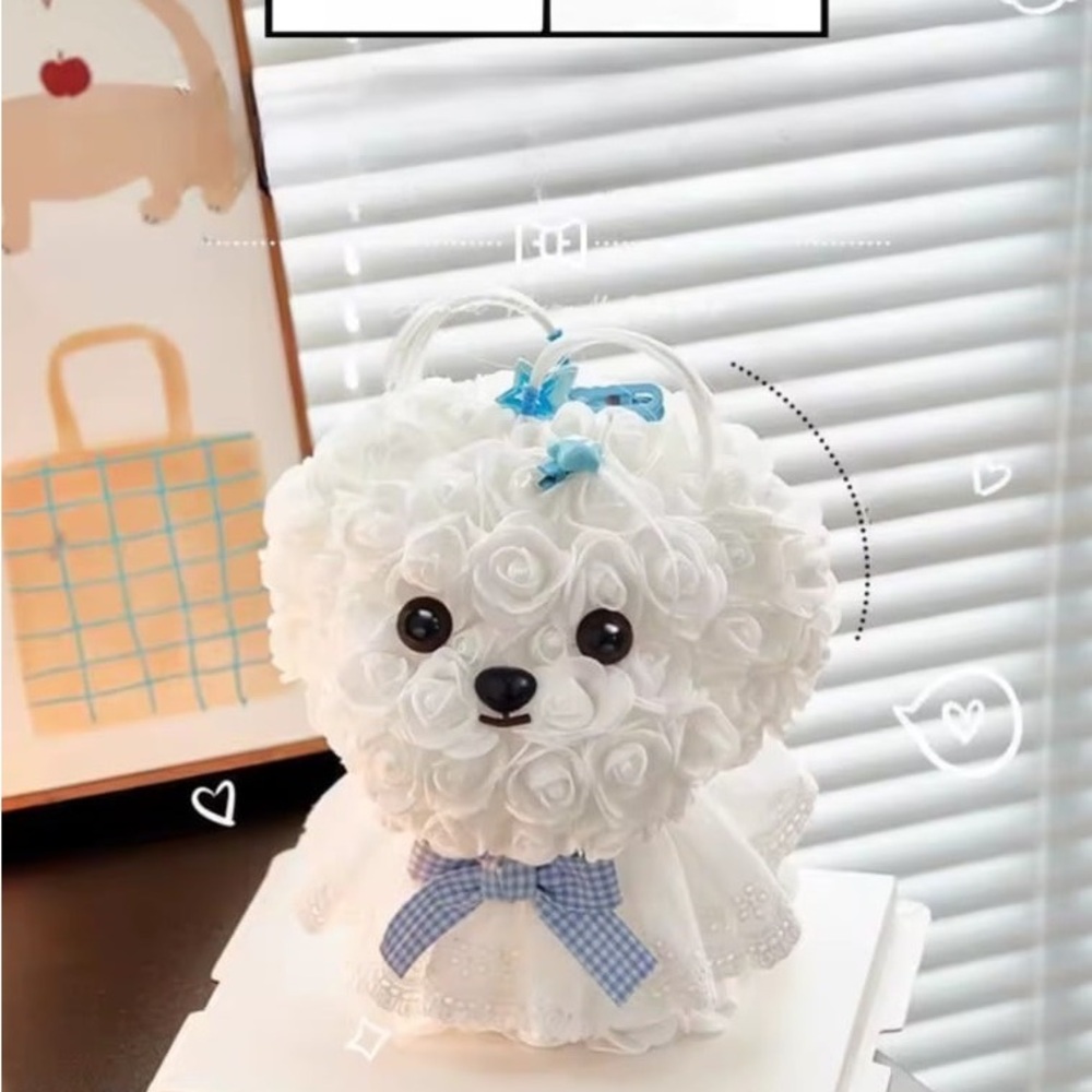 White Floral Teddy Bear with Blue Bow